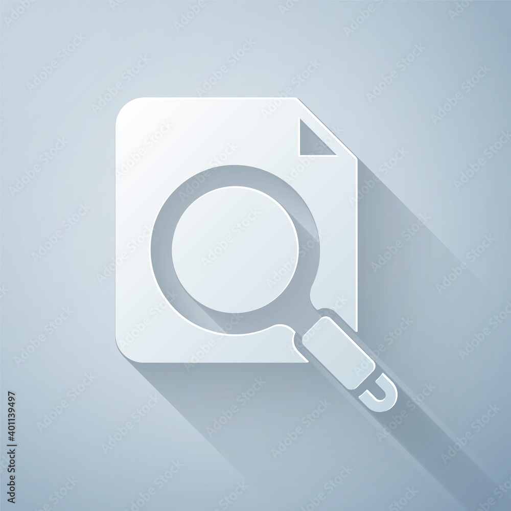 Poster paper cut search concept with folder icon isolated on grey background. magnifying glass and document