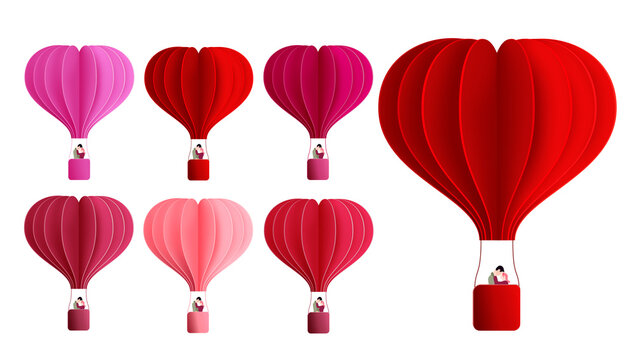 Hearts hot air balloon valentine vector set. Red hot air balloons in heart shape with dating couple characters isolated in white background for valentines romantic valentines collection design.