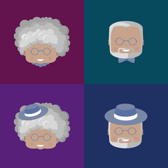 An elderly man and woman, grandfather and grandmother, retired.Colorful smiling portraits, icons or avatars in a cartoon, flat style. Isolated vector illustration