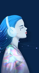 Fashion girl listening to music with headphones closed eyes. illustration