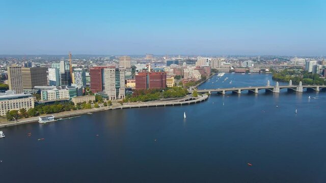 Cambridge modern city skyline including MIT aerial view from Charles River, Cambridge, Massachusetts MA, USA. 