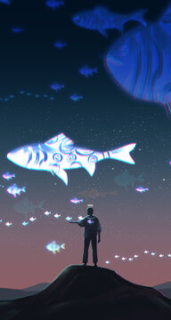 A man stood on the top of the mountain watching the glowing fish flying by in the sky. Surrealist painting. Digital painting