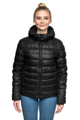 Young female model posing in black down jacket isolated on white background. Winter and autumn...
