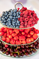 plate with summer berries-raspberries, strawberries, blueberries, sweet cherry. 
