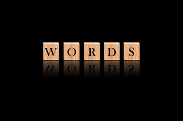 The word "WORDS"  mad by wood blocks in solid black background 