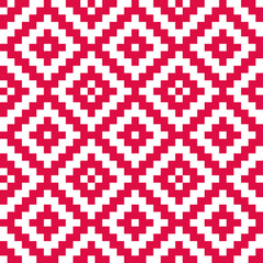 Geometric seamless pattern with red pixel art rhombus on white background. Abstract diamond vector pattern. Simple vector illustration. Geometric zigzag design for fabric, wallpaper, textile
