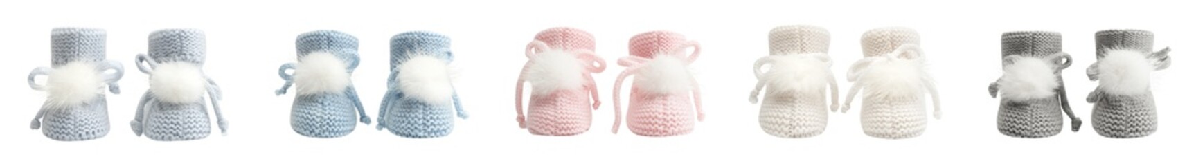 Baby booties knitted with pompom isolated on white