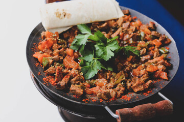 Meat saute in traditional pan - Sac kavurma, Turkish Food