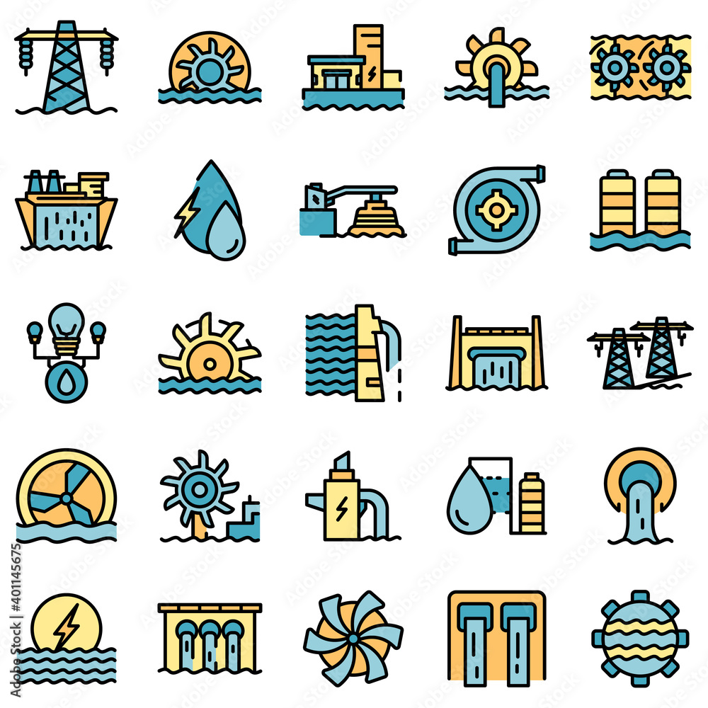 Poster hydro power icons set. outline set of hydro power vector icons thin line color flat on white