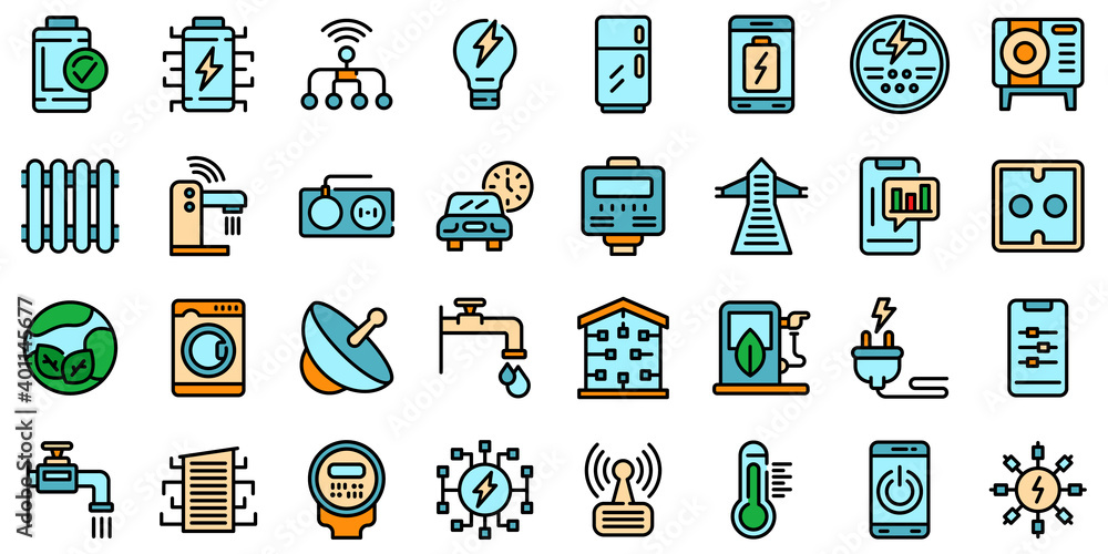 Poster smart consumption icons set. outline set of smart consumption vector icons thin line color flat on w