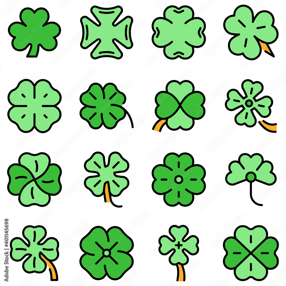 Aufkleber clover icons set. outline set of clover vector icons thin line color flat on white
