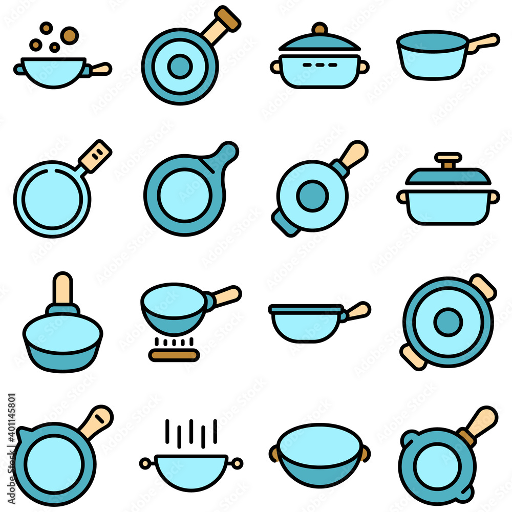 Poster wok frying pan icons set. outline set of wok frying pan vector icons thin line color flat on white