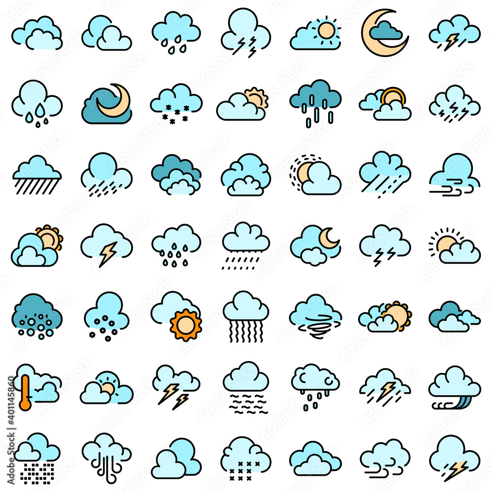 Aufkleber cloudy weather icons set. outline set of cloudy weather vector icons thin line color flat on white