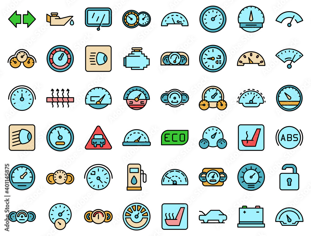 Poster car dashboard icons set. outline set of car dashboard vector icons thin line color flat on white
