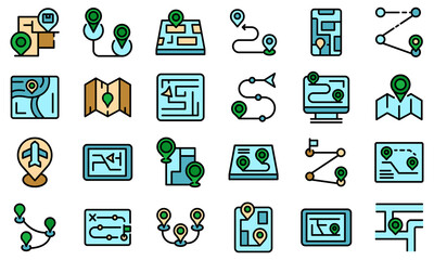 Itinerary icons set. Outline set of itinerary vector icons thin line color flat on white