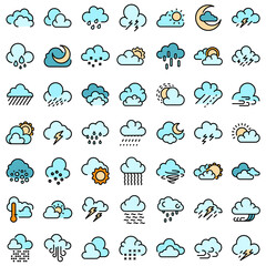 Cloudy weather icons set. Outline set of cloudy weather vector icons thin line color flat on white