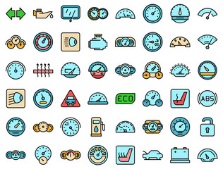 Car dashboard icons set. Outline set of car dashboard vector icons thin line color flat on white
