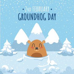 Winter card with Groundhog Day. A small rodent in a snowy forest among the mountains. Cute vector illustration.