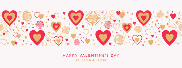 Valentines Day festive design with border made of beautiful golden red hearts and sparkles in modern flat line art style isolated on white background. Romantic decoration for Valentines day or wedding