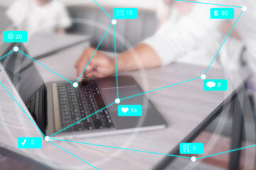 Business man with internet network system concept. Double exposure of text box with man using computer laptop. for assemble the article contacting friends and working through social media.