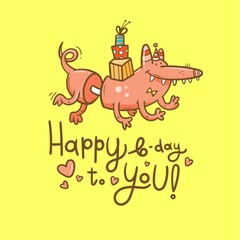 Birthday card  with cute cartoon monster. Creature in party hats. Vector doodle poster. Little funny animal print.