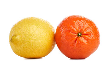 Mandarin tangerine and lemon isolated on the white background, macro close up