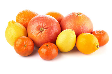 Fruit composition. Group of citrus: orange, lemon, mandarine tangerine, grapefruit. full, half and slices on white background, macro close-up