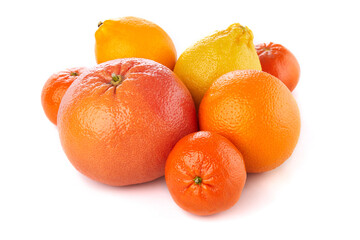 Fruit composition. Group of citrus: orange, lemon, mandarine tangerine, grapefruit. full, half and slices on white background, macro close-up