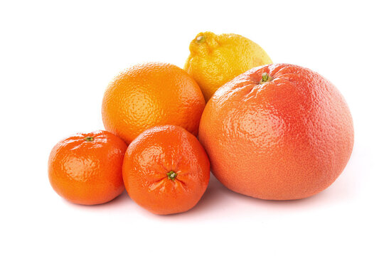 Fruit Composition. Group Of Citrus: Orange, Lemon, Mandarine Tangerine, Grapefruit. Full, Half And Slices On White Background, Macro Close-up