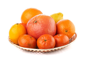 Fruit composition. Group of citrus: orange, lemon, mandarine tangerine, grapefruit. full, half and slices on white background, macro close-up