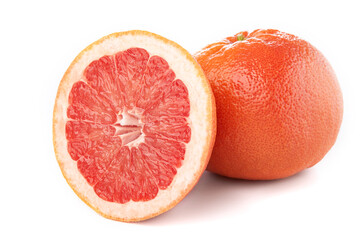 Citrus grapefruit whole and half slices on the white background, macro close-up