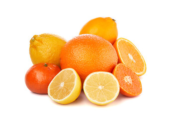 Fruit composition. Group of citrus: orange, lemon, mandarine tangerine, grapefruit. full, half and slices on white background, macro close-up