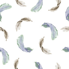 Feathers seamless pattern. Watercolor texture. Printing on fabric, paper. Illustration for wrapping paper.