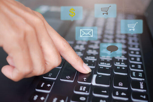 social media laptop concept. Close up figer typing keyboard computer. for working on network and shopping online, contact a friend.