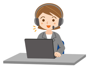 ノートパソコンでオンライン通話をするヘッドセットをつけたスーツ姿の若い女性のイラスト/白背景