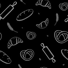 Hand drawn seamless pattern sketches on black chalkboard of bread and bakery products. Baked goods vintage background with bread, croissant, pretzel, rolling pin, crops. Variable color Vector.