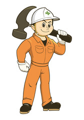 Illustration of a man in work clothes carrying a hammer. Vector illustration on white background.