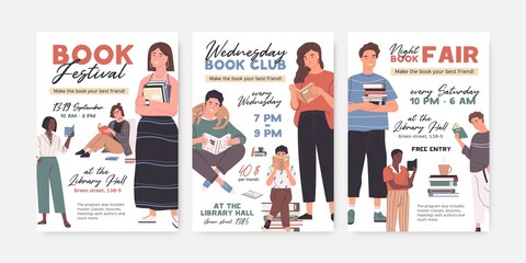 Collection of flyer or poster templates advertising book club event. Set of vertical banners for reading festival promotion. Invitation fliers design. Flat vector illustration