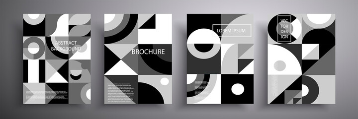 Set of vector geometric illustrations in retro style. Modern abstract advertising flyers.Black and white background. Template for brochures, covers, notebooks, banners, magazines and flyers.
