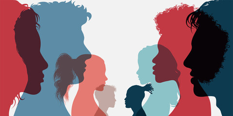 Diversity multi-ethnic and multiracial people. Silhouette group of men and women of diverse culture standing together in front of the other. Concept racial equality and anti-racism - obrazy, fototapety, plakaty