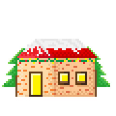 Winter house and Christmas tree pixel art. Vector illustration. Merry Christmas illustration.
