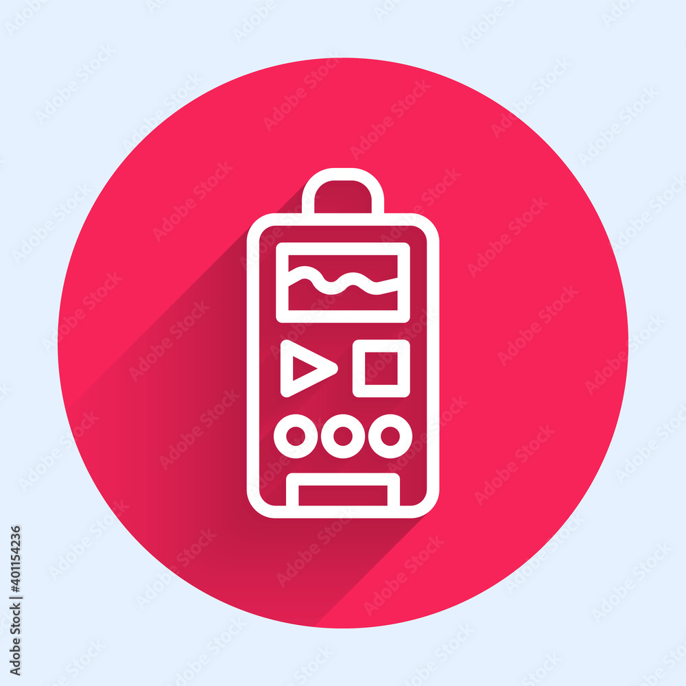 Aufkleber white line dictaphone icon isolated with long shadow. voice recorder. red circle button. vector.