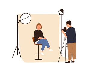 Portrait photography backstage. Male film photographer taking photo or shooting woman posing in studio with professional pulse light. Colored flat vector illustration isolated on white background