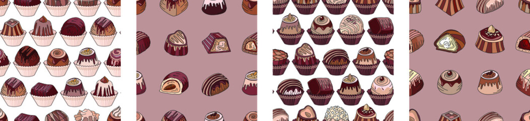 Seamless patterns with different kinds of chocolate candies - milk,dark,white chocolate. Endless textures for your design, announcements, cards, posters, restaurant menu.
