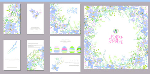 Floral spring templates with cute blue flowers. For romantic and easter design, announcements, greeting cards, posters, advertisement.