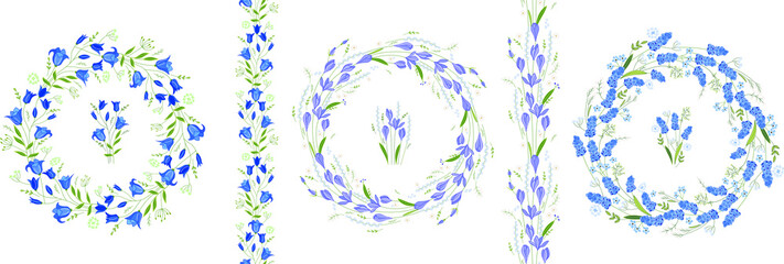 Set with floral frames. Bluebells,crocuses and muscari on white background. Endless vertical borders and round wreaths.