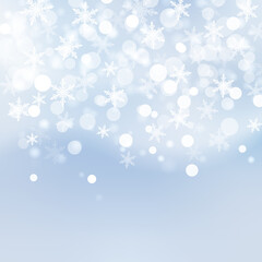 Christmas snowflake with star and bokeh light on soft blue background, vector illustration