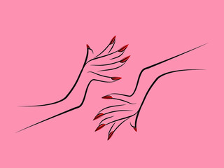 Naklejka premium Nails art salon vector logo.Illustration of woman hands with elegant, beautiful manicure.Cosmetics, beauty, spa and style icon isolated on pink background.Red nail polish.