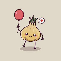cute garlic mascot character holding baloon