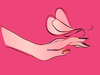 Nails art salon vector logo.Illustration of woman hand with elegant, beautiful manicure.Cosmetics, beauty, spa and style icon isolated on coral color background.Nail polish.Butterfly shape.